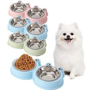 Pet Dog Food Feeder Double Bowl Stainless Steel Rounded Cute Cartoon Frog Style